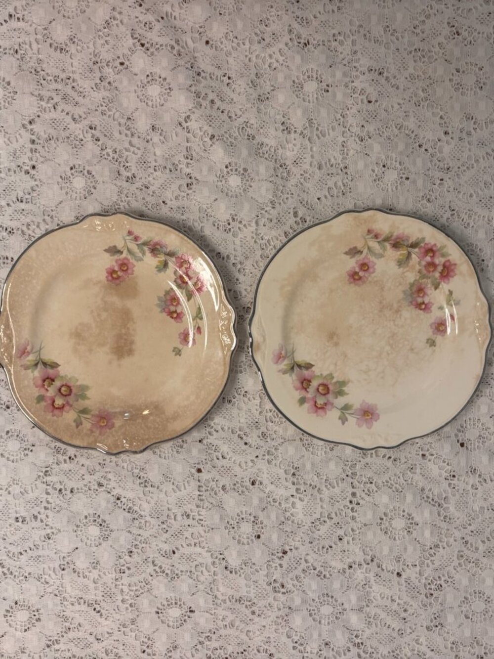 VTG Homer Laughlin Virginia Rose Dessert Plates Scalloped Edge Crazed Pair